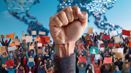 raised fist symbolizes unity and strength in front of diverse crowd of protesters holding signs, with world map in background, emphasizing global solidarity and activism