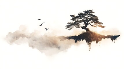 A serene digital painting depicts a bonsai tree on a floating island, silhouetted against a sunlit sky with birds in flight, creating a tranquil and ethereal scene