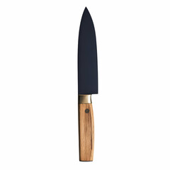Black chef knife, wooden handle, white background, cooking tool