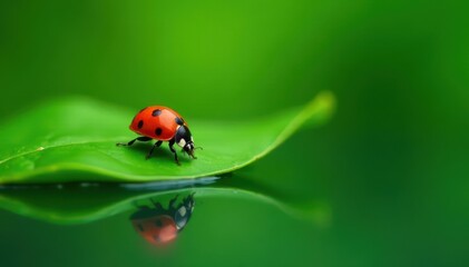 Fototapeta premium Tiny ladybug perched on a lush green leaf, mirrored in the water below , bright, surface, insect
