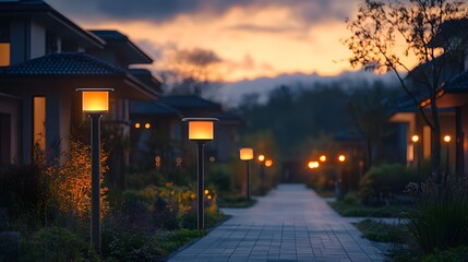 Obraz premium Modern Pathway with Solar-Powered Garden Lights at Sunset