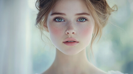 Young woman with an elegant updo showcasing natural beauty in a softly lit environment during daytime