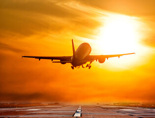 Passenger airplane take off airport runway against the backdrop sunrise
