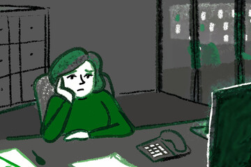 A pensive office worker is sitting at a desk, wearing a cozy green sweater while deep in thought