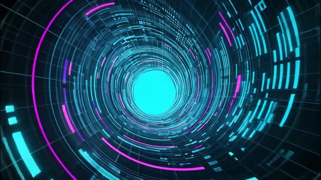 A futuristic wormhole filled with binary codes, holographic grids, and glowing data streams, symbolizing a digital journey through time and space