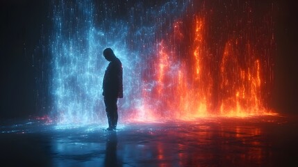 Obraz premium Figure Standing Between Blue and Red Digital Streams in a Futuristic Scene