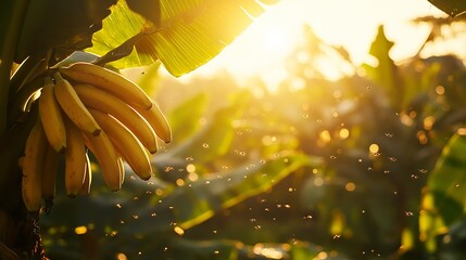 Ripe bananas on a plant at sunset, plantation background, for food or travel blogs