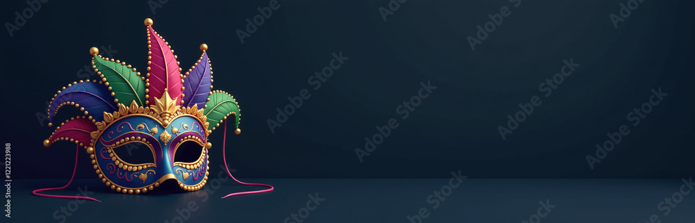 Poster a colorful mardi gras carnival mask sits alone on a dark background with plenty of space for text an