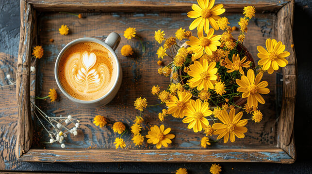 top view of hot coffee latte cup with beautiful leaf art, surrounded by vibrant yellow flowers in pot and scattered petals, creating warm and inviting atmosphere