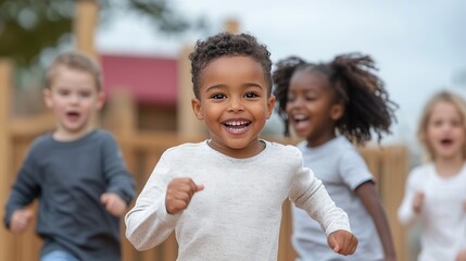 Fototapeta premium Joyful group of diverse children running outdoors in playful setting.