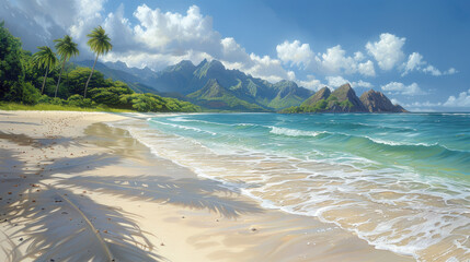vibrant and colorful image of beach scene during sunny weather, showcasing clear blue waters, gentle waves, and lush green mountains background. palm trees add tropical feel to this serene