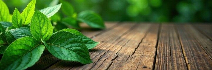 Obraz premium Leafy greens on a wooden table , leafy, botanicals, greens