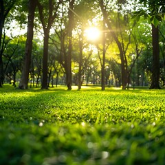 The lovely green trees dazzle with beauty، Serene Morning Light in Lush Green Garden - Fresh Nature Concept Backgrounds، Trees and grass in the city park on a sunny spring morning in Dallas .