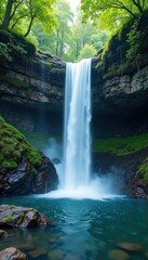 Fototapeta premium Misty waterfall cascading into a tranquil pool, lake, mist, serene