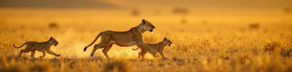 Fototapeta premium Lioness and her cubs running on the savannah, children, savannah