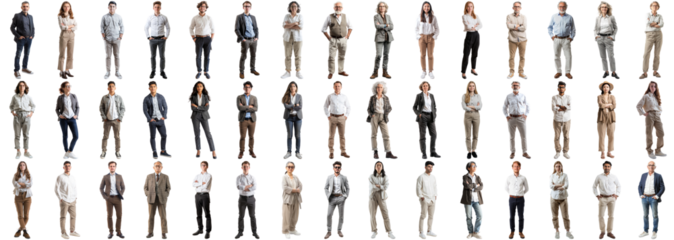 Many business people set isolated background, casual formal attire wear, full body length, networking mixed different diversed businesspeople, happy male female, successful career, crisp edges style