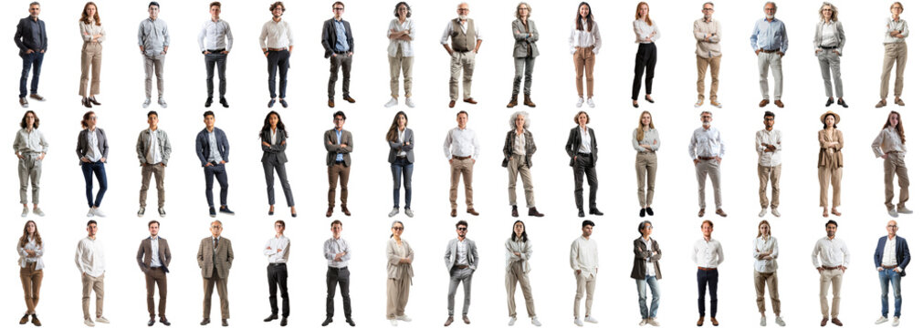 Many business people set isolated background, casual formal attire wear, full body length, networking mixed different diversed businesspeople, happy male female, successful career, crisp edges style