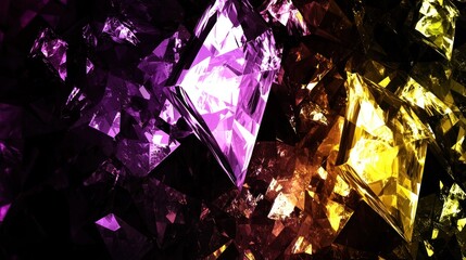 Purple, gold crystal fragments, dark background, abstract art, design element