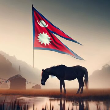 Horse in front of Nepal flag, Ghode jatra concept