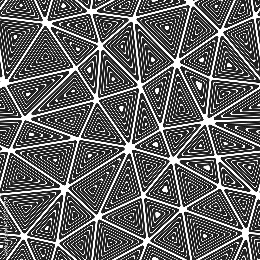 Poster mosaic triangles shapes background. multiple repeated inner triangles. large shape size. black and w
