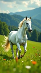 Fototapeta premium Majestic white horse prances in a lush meadow, outdoors, white animal