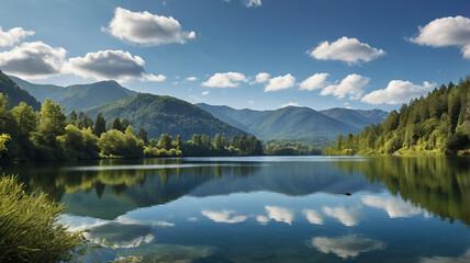 Fototapeta premium A serene and picturesque nature scene featuring a crystal-clear mountain lake surrounded by lush green forests and snow-capped peaks