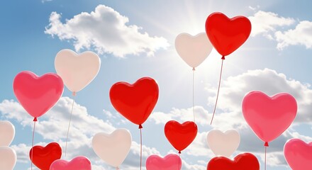 Heart-Shaped Balloons in Red, Pink, and White Soaring into a Sunny Sky