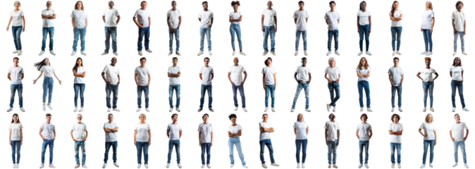 Collage group of people wearing casual white t-shirt jeans over isolated background. Large tee clothing collection set team with a happy pose and cool smile person male and female. crisp edges style