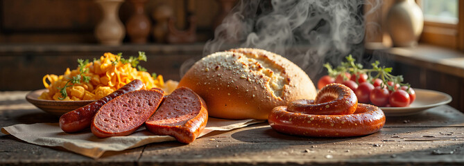 Warm Brettljause featuring fresh bread and sausages in alpine hut, comfort food