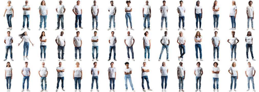 Collage group of people wearing casual white t-shirt jeans over isolated background. Large tee clothing collection set team with a happy pose and cool smile person male and female. crisp edges style - Powered by Adobe