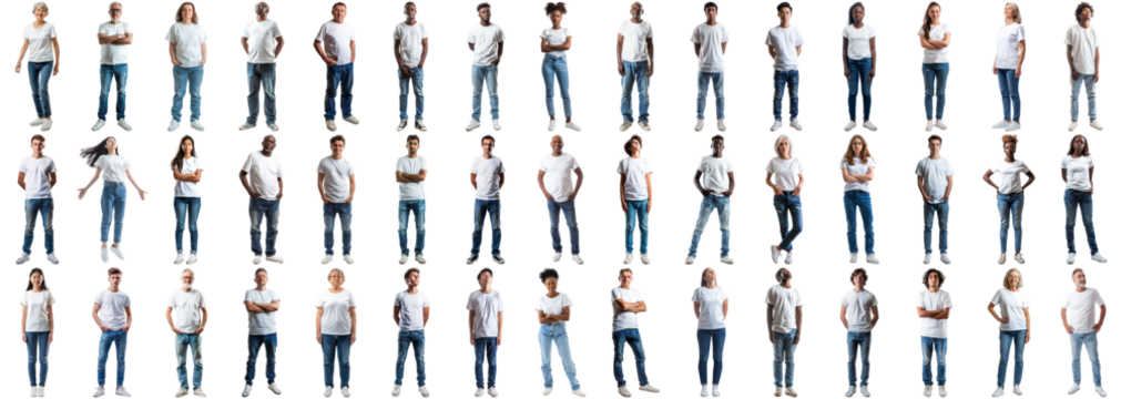 Collage group of people wearing casual white t-shirt jeans over isolated background. Large tee clothing collection set team with a happy pose and cool smile person male and female. crisp edges style