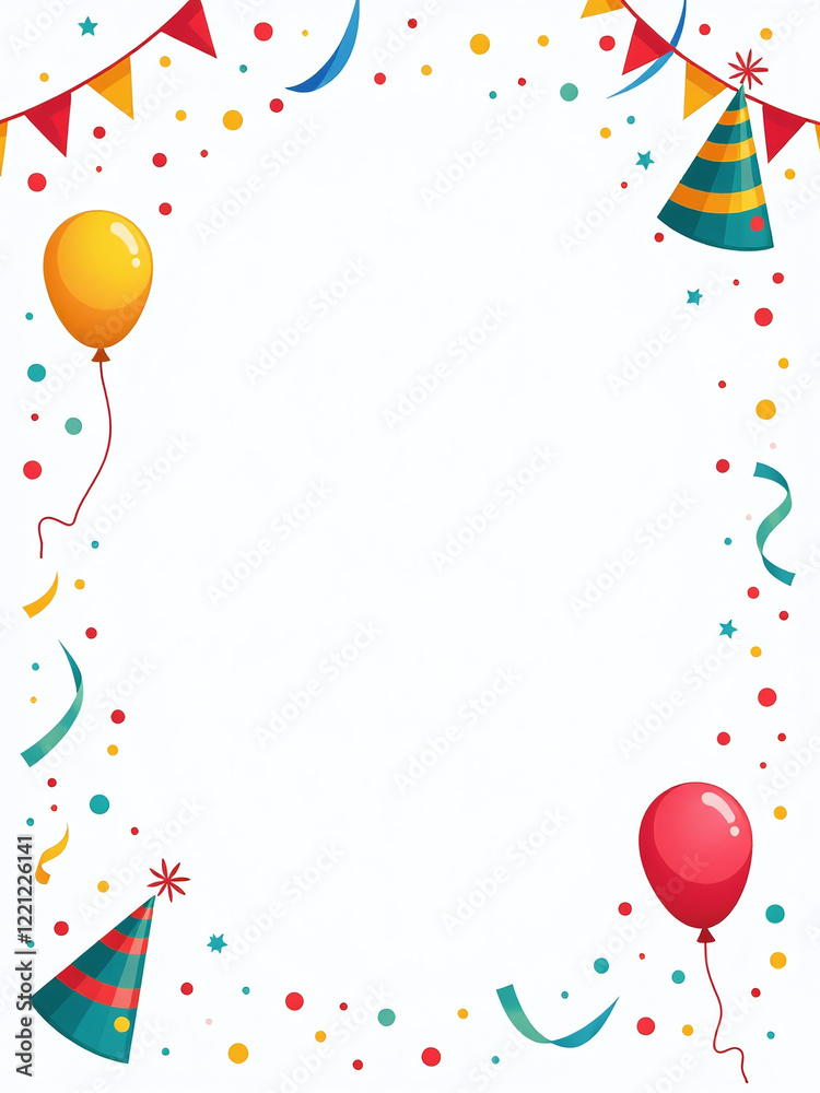 Poster a colorful background featuring party items like balloons, hats, and streamers isolated on a clean w