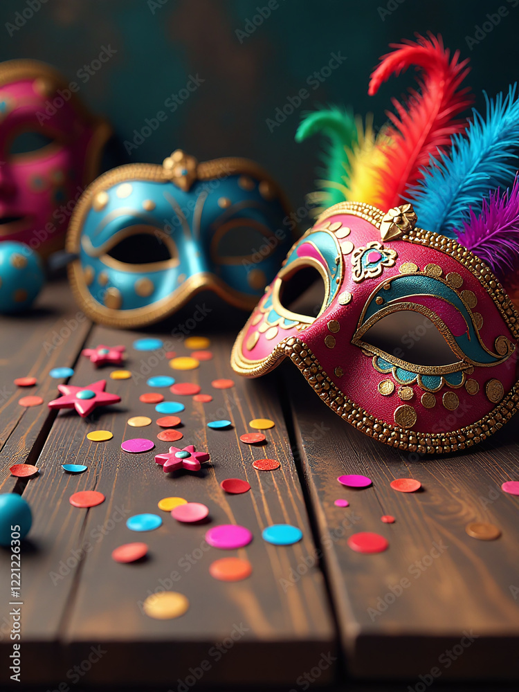 Poster A Colorful Array Of Carnival Masks And Festive Decorations Spills Out Across A Rustic Wooden Tabletop In Sharp Focus. 00001