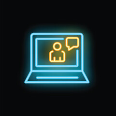 Neon sign of a laptop showing a video call with a person and a speech bubble, representing online communication