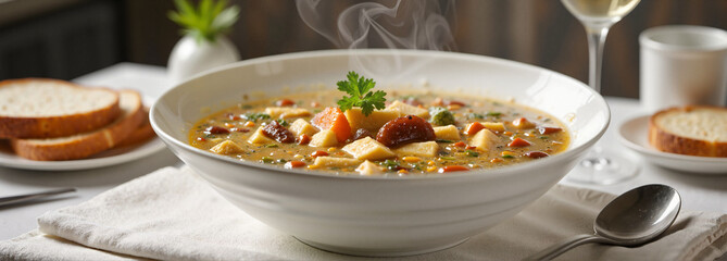 Delicious Rindsuppe in porcelain bowl with bread, culinary delight