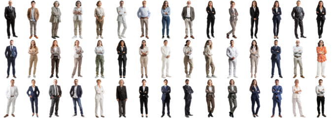 Many business people set isolated background, casual formal attire wear, full body length, networking mixed different diversed businesspeople, happy male female, successful career, crisp edges style