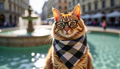 Stylish cat wearing glasses and bandana in city square.