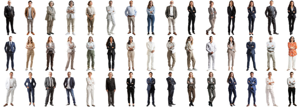 Many business people set isolated background, casual formal attire wear, full body length, networking mixed different diversed businesspeople, happy male female, successful career, crisp edges style