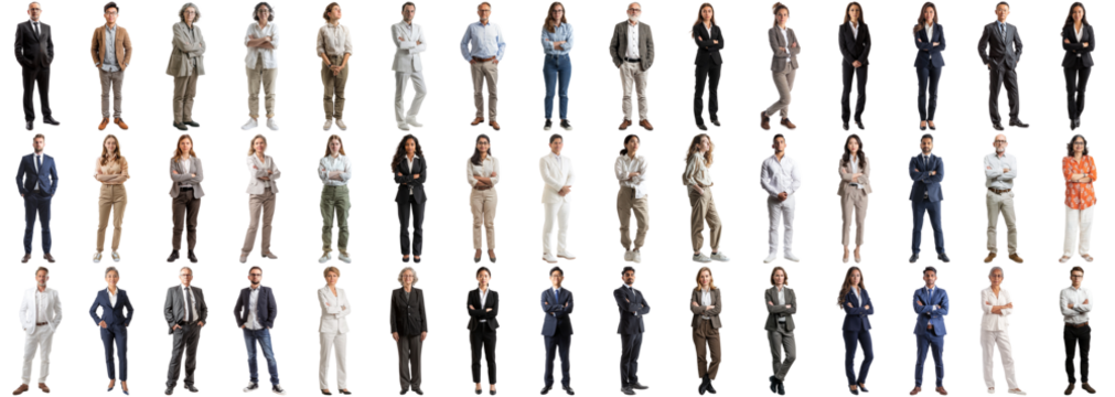 Many business people set isolated background, casual formal attire wear, full body length, networking mixed different diversed businesspeople, happy male female, successful career, crisp edges style
