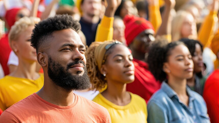 diverse group of people standing together at rally, expressing unity and determination. crowd includes individuals of different ethnicities and ages, showcasing solidarity