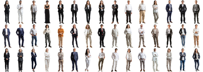 Many business people set isolated background, casual formal attire wear, full body length, networking mixed different diversed businesspeople, happy male female, successful career, crisp edges style