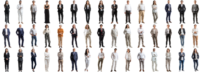 Many business people set isolated background, casual formal attire wear, full body length, networking mixed different diversed businesspeople, happy male female, successful career, crisp edges style