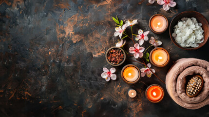 Relaxing spa setup with candles, flowers, and natural treatments for a rejuvenating experience