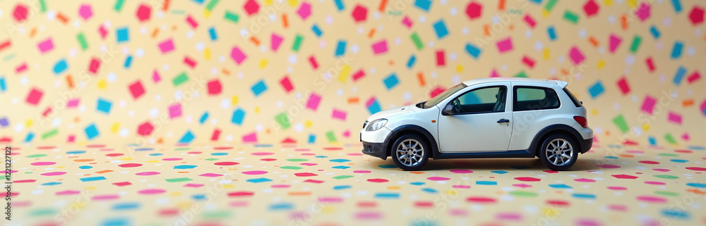 Poster a car key is placed against a vibrant colorful confetti background in this fun and playful still lif