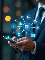 A Businessman Uses His Smartphone To Approve Documents On A Virtual Screen For Streamlined Business Process Workflow Management. 00003