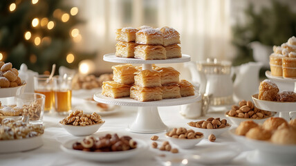 Tiered stand with assorted Baklava on a white tablecloth, styled with honey bowls and nuts.