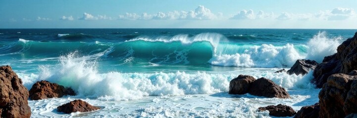Obraz premium Ocean waves crashing against a rocky coastline , ocean, sea, waves