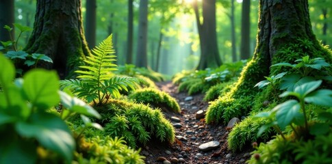 Fototapeta premium Overgrown forest floor with wild ferns and mosses, greenery, wild ferns