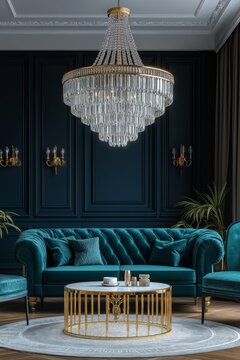 High-end living room with a luxurious multi-tiered crystal chandelier, velvet furniture in deep jewel tones, and gold accent decor.