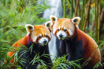 Waterfalls of nature: Wildlife and natural wonders . Two red pandas among vibrant green bamboo foliage.